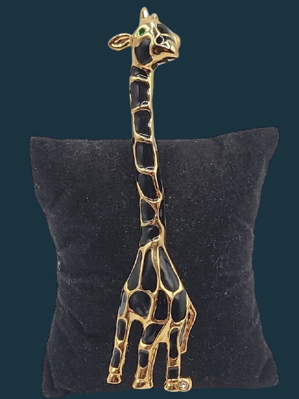 Giraffe Brooch Pin Gold Tone Black Enamel Spots Green Rhinestone Eye